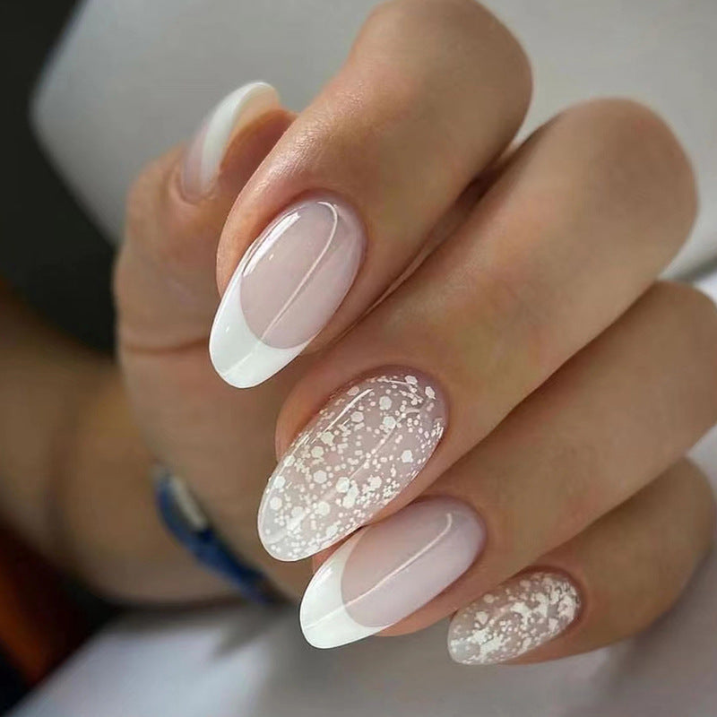 24Pcs French False Nails Almond Fake Nails with Glue Press on White Edge Design Wearable Simple Ins Pink Stiletto Nail Tips