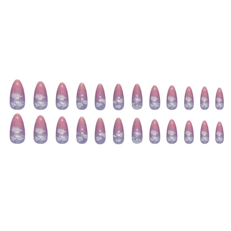 24pcs Dreamy Press-On Nails - Purple to Red Ombré With White Clouds Long Almond Fantasy Sky Style False Nails With Wearing Tools