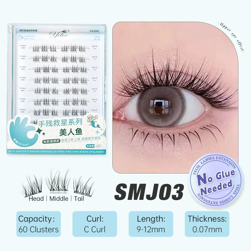 Yelix DIY Clusters Eyelash Self-adhesive Glue Free False Eyelashes Natural Soft Lashes Customized Private Label Custom Logo