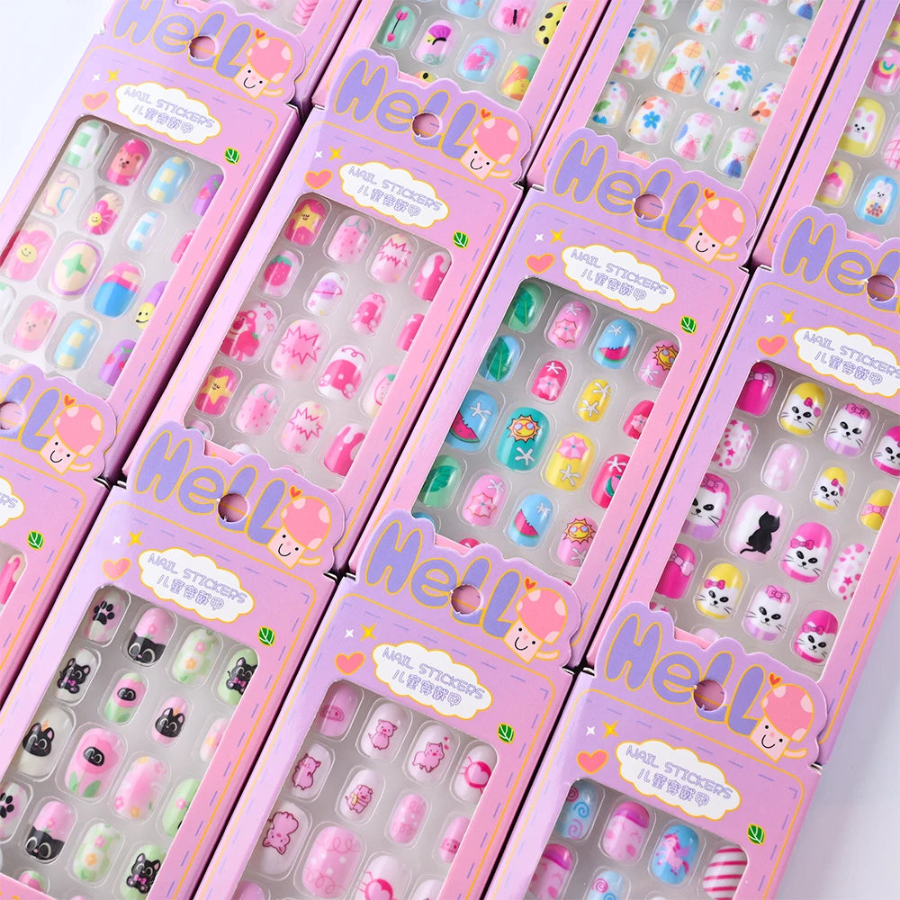 24Pcs/box Kids nails for Girl Cartoon Pattern False Nail Cute Child Fake Nails Tips Kawaii Acrylic Artificial Press on Nail+Tool