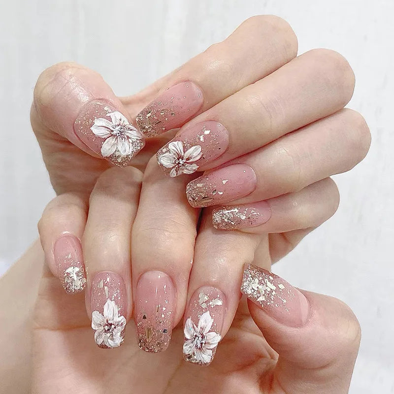 24Pcs Short Almond Press-On Nails Pink Floral French Tip Glossy&Elegant Full Cover Fake Nails for Women&Girls Spring,Daily Wear