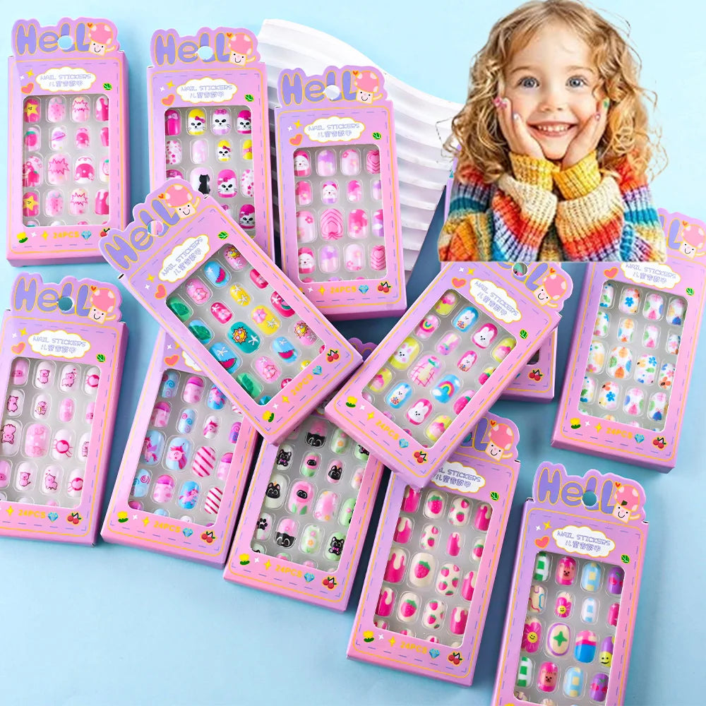 24Pcs/box Kids nails for Girl Cartoon Pattern False Nail Cute Child Fake Nails Tips Kawaii Acrylic Artificial Press on Nail+Tool