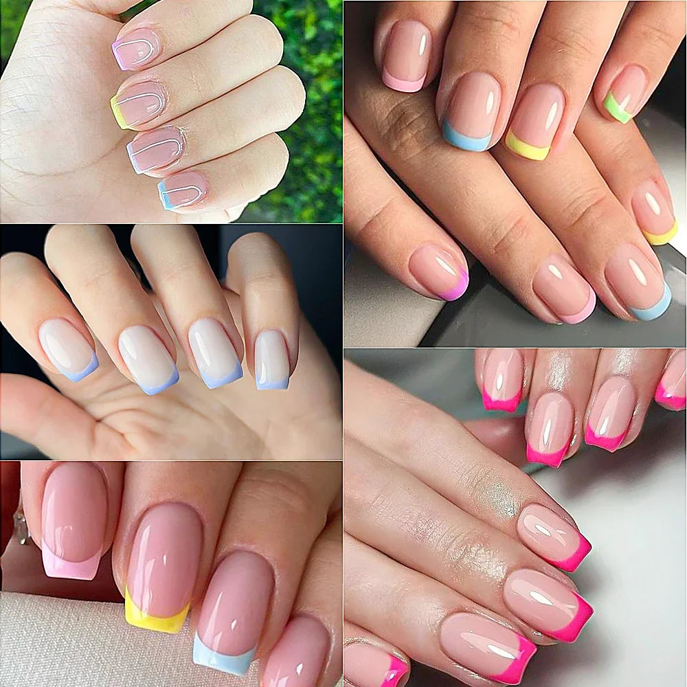 240PCS Candy Color French Short Square False Nails Pink/Green/Purple Full Cover Macarons Press On Nails DIY Artificial Manicure