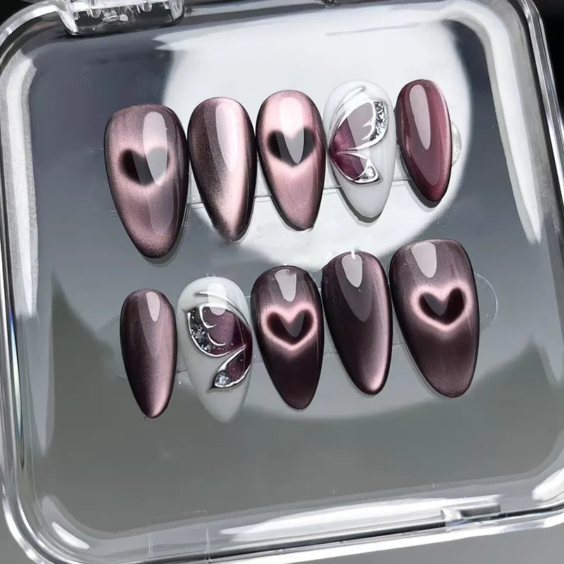24Pcs 3D Green Ripple Design False Nails Cat's Eye French Almond Fake Nail Tips Leaves Pattern Removable Oval Press on Nails