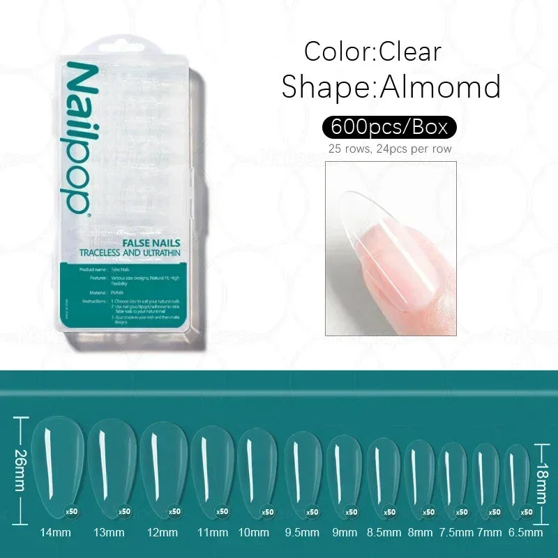 Nailpop 600pcs PRO Fake Nails Full Cover False Nail Tips Acrylic Nail Capsules Professional Material Finger Soak Off Gel Tips