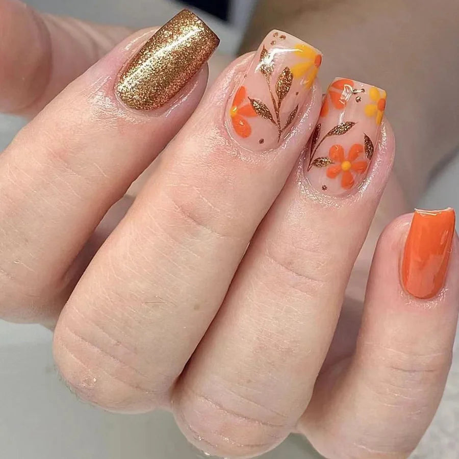 24Pcs Short Almond Press-On Nails Pink Floral French Tip Glossy&Elegant Full Cover Fake Nails for Women&Girls Spring,Daily Wear