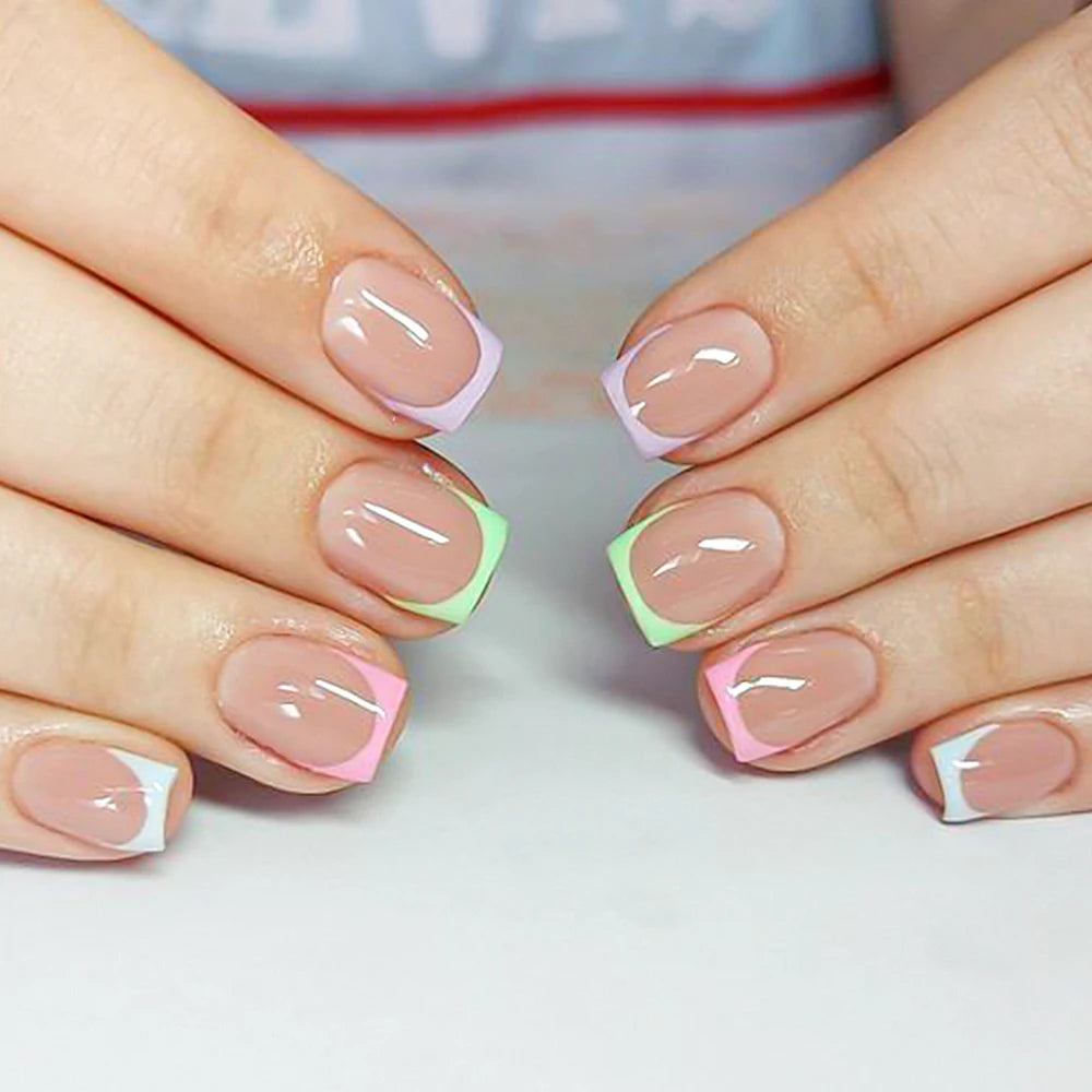 240PCS Candy Color French Short Square False Nails Pink/Green/Purple Full Cover Macarons Press On Nails DIY Artificial Manicure